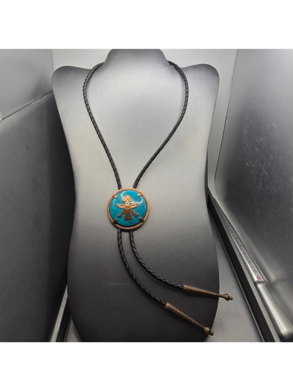 VTG Bell Trading Post Copper Faux Turquoise Birdman Bolo Tie Southwestern Boho - Picture 2 of 11